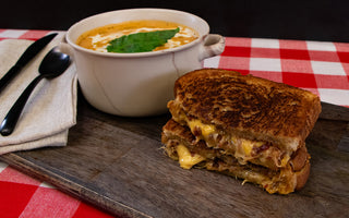 Halal Beef Bacon Jam Grilled Cheese and Tomato Basil Soup