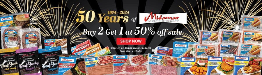 A large banner with a variety of Midamar products laid out from the left to the right, in the background there are images of cartoon fireworks exploding. In the center is the Midamar logo and text. The text reads: 1974 to 2024, 50 years of Midamar, but 2 get 1 50% off sale, shop now