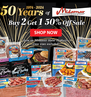 A large banner with a variety of Midamar products laid out from the left to the right, in the background there are images of cartoon fireworks exploding. at the top is the Midamar logo and text. The text reads: 1974 to 2024, 50 years of Midamar, but 2 get 1 50% off sale, shop now