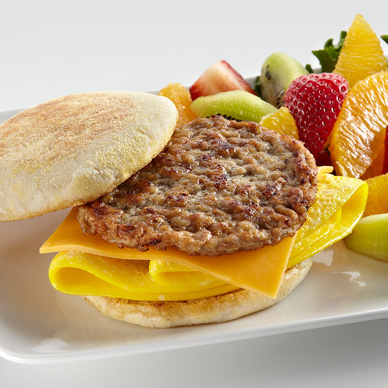 Midamar Zabiha Halal Beef Sausage Patty on a english muffin breakfast sandwich