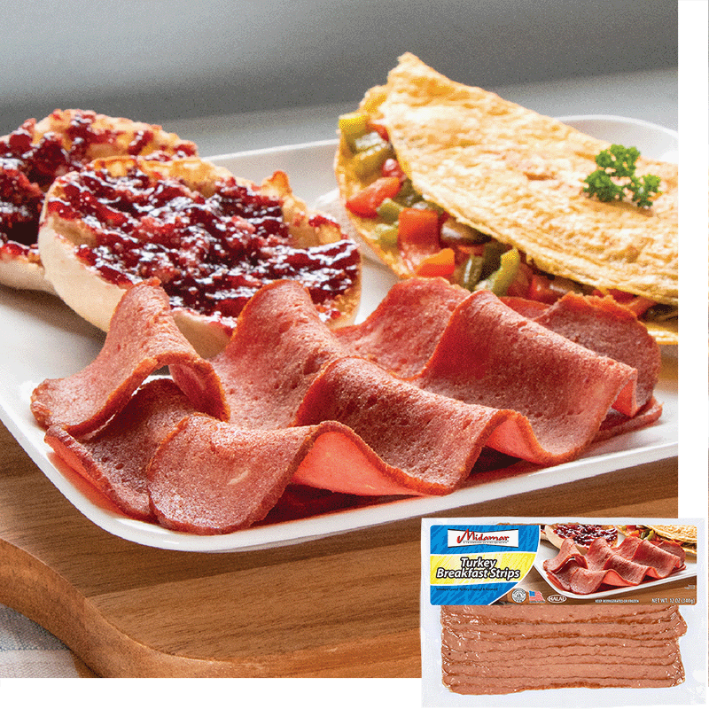 Halal Turkey Bacon strips on a plate with a jelly covered english muffin and an omelet 