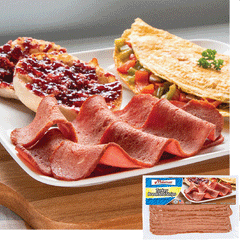 Halal Turkey Bacon strips on a plate with a jelly covered english muffin and an omelet 